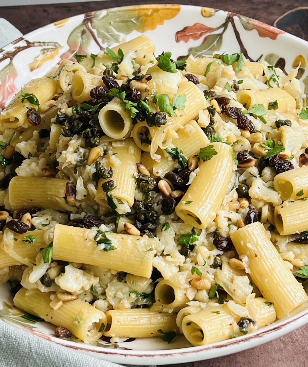 Sicilian Pasta with Cauliflower, Pine Nuts, Raisins, and Capers